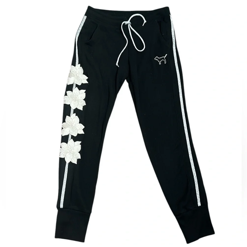 Pink victory secret black emboridry fleece lining jogger size SP black … - Picture 1 of 8